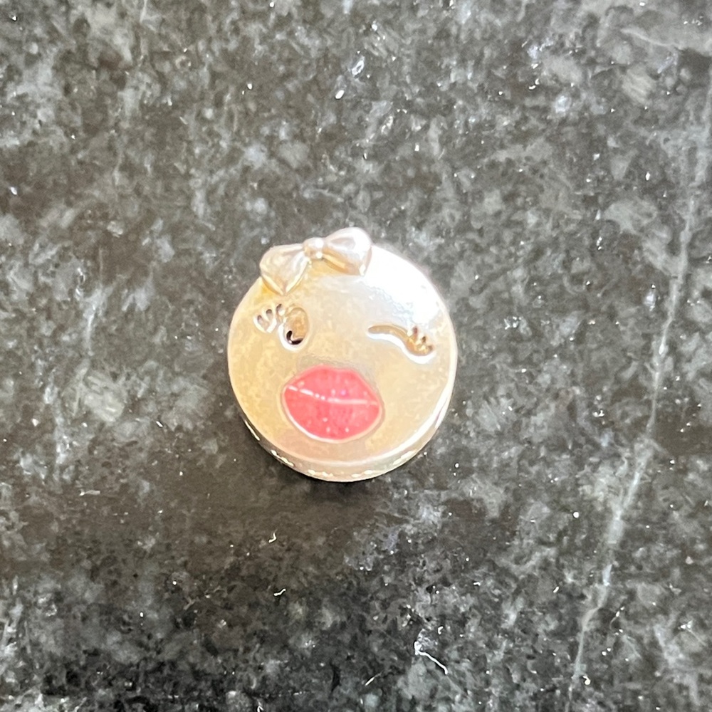 Retired Pandora Playful Wink Emoji Lips Charm Sterling Silver Enamel Gift Bow